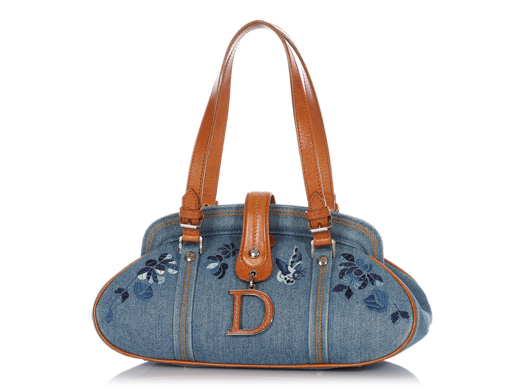 Dior Blue Floral Embroidered Denim Handbag