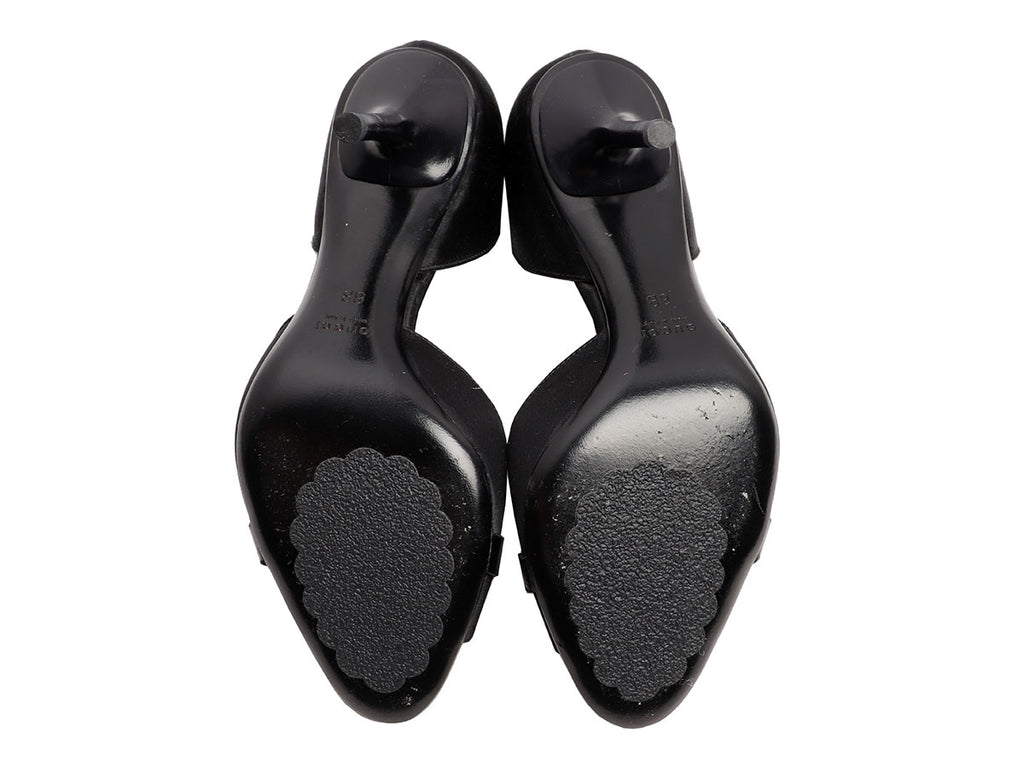 Gucci Black Satin Crystal Horsebit D'Orsay Peep-Toe Pumps