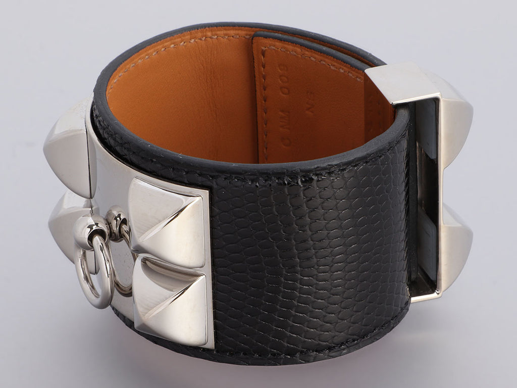 Hermès Noir Shiny Lizard Collier de Chien Bracelet CDC