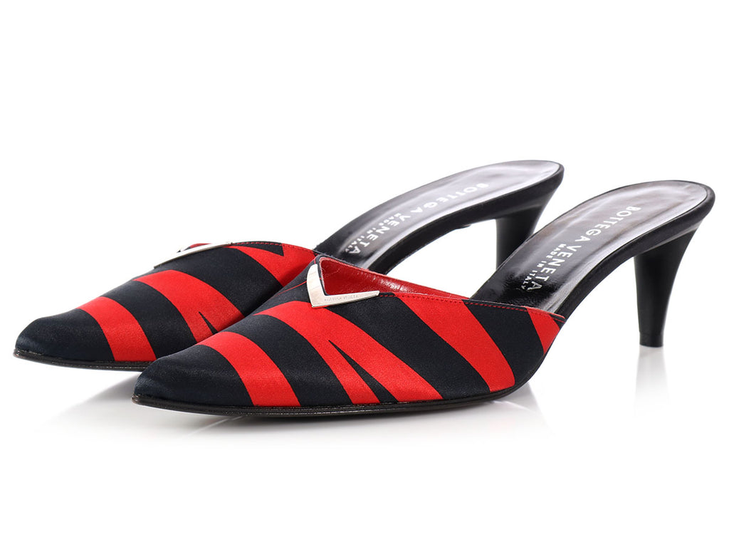 Bottega Veneta Red and Black Striped Satin Slides