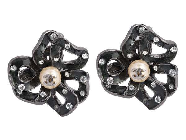 Chanel Pearl and Crystal Logo Flower Clip Earrings - Ann's 