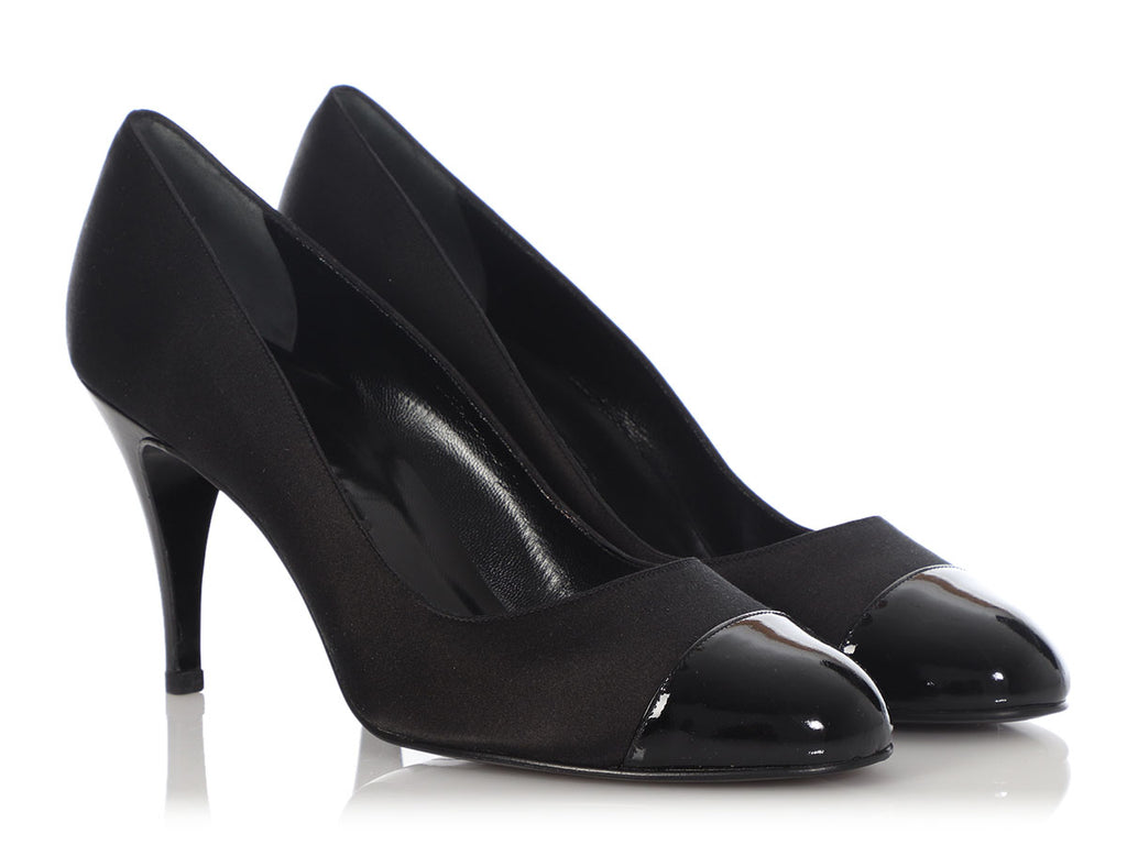 Chanel Black Satin and Patent Capped Toe Pumps