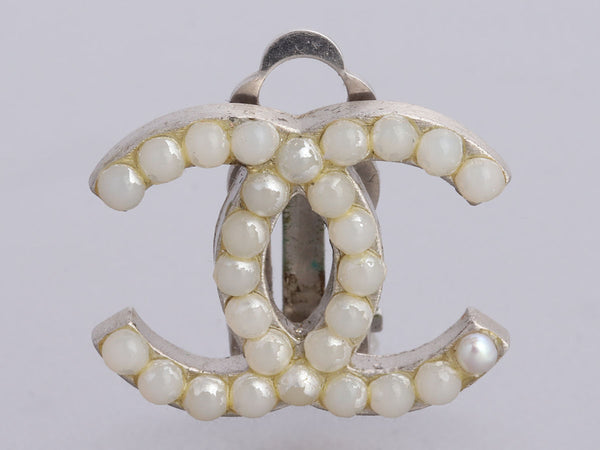 Chanel Silver-Tone Pearl Logo Clip-On Earrings - Ann's Fabulous 
