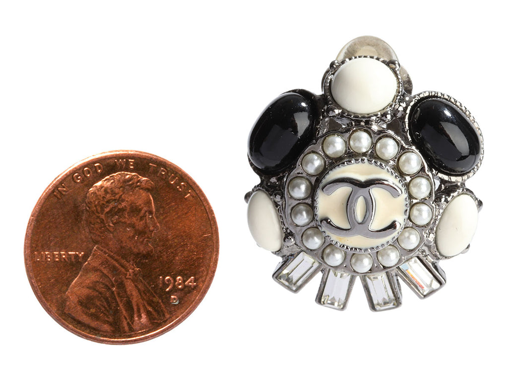 Chanel Black and White Crystal and Pearl Clip-On Earrings
