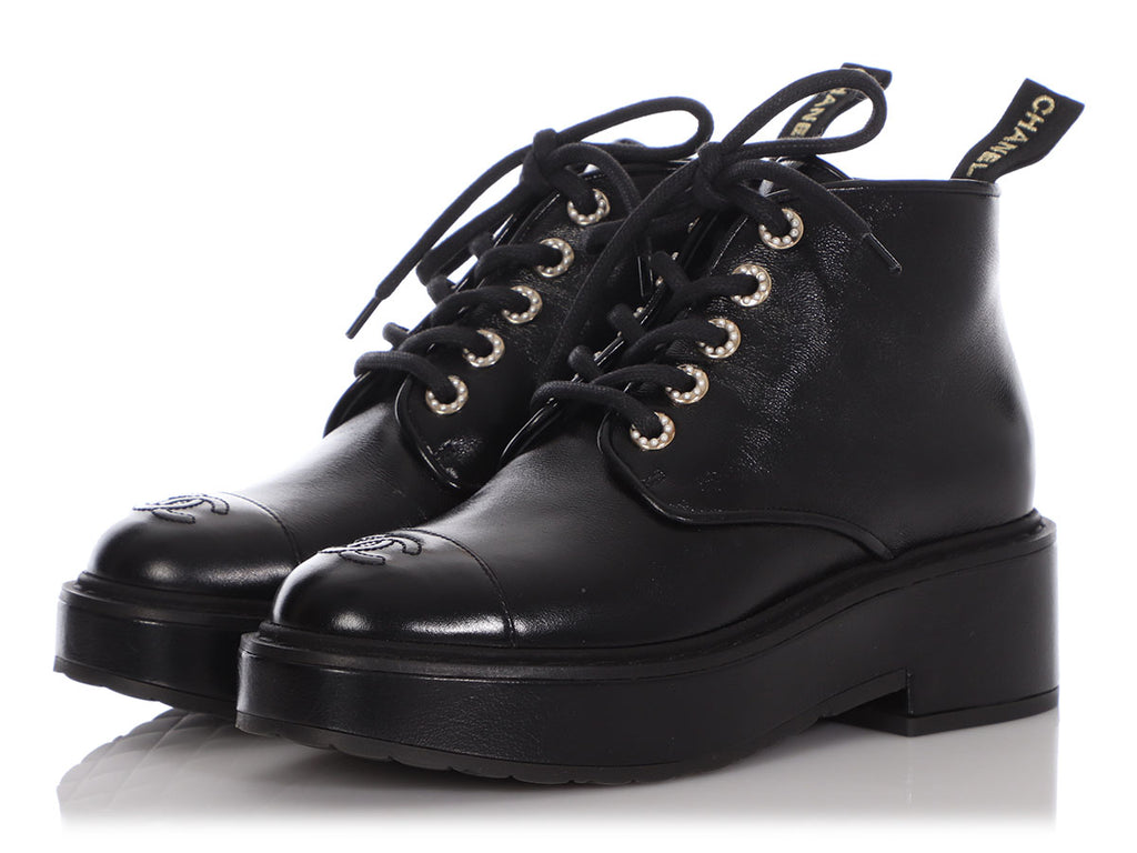 Chanel Black Capped Toe and Pearl Combat Boots