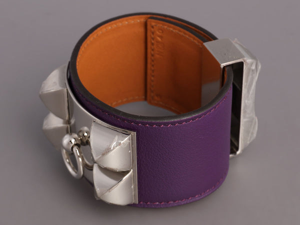 New Hermes Silver CDC Purple Anemone Collier De Chien Bangle Belt Size 75  Epsom