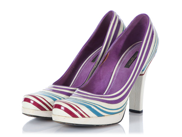 Louis Vuitton White/Lilac Monogram Multicolore Wood Platform Heels