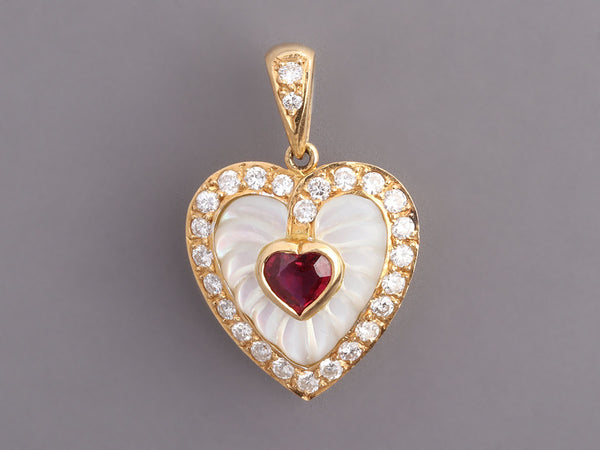 18K Yellow Gold Diamond and Ruby Heart Pendant