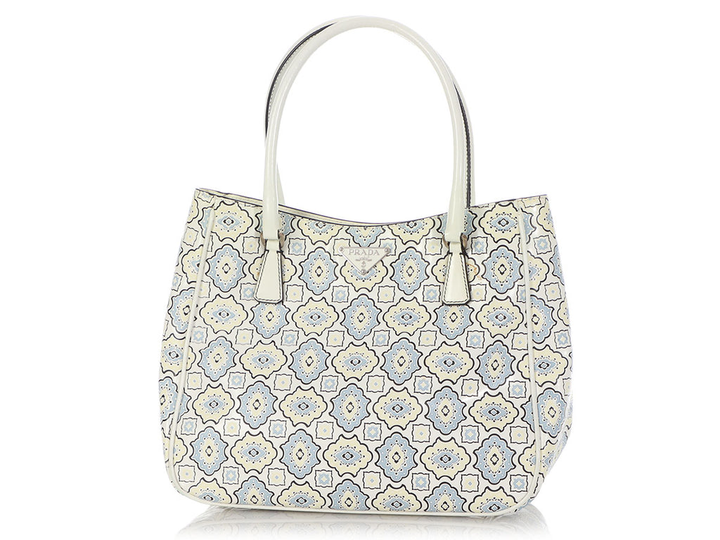 Prada Small Blue, Cream, and White Embossed Floral Tote