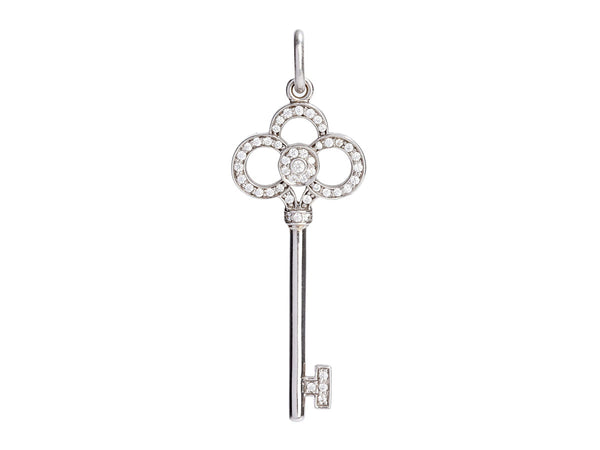 Tiffany Keys knot key pendant in 18k white gold with diamonds on a chain.