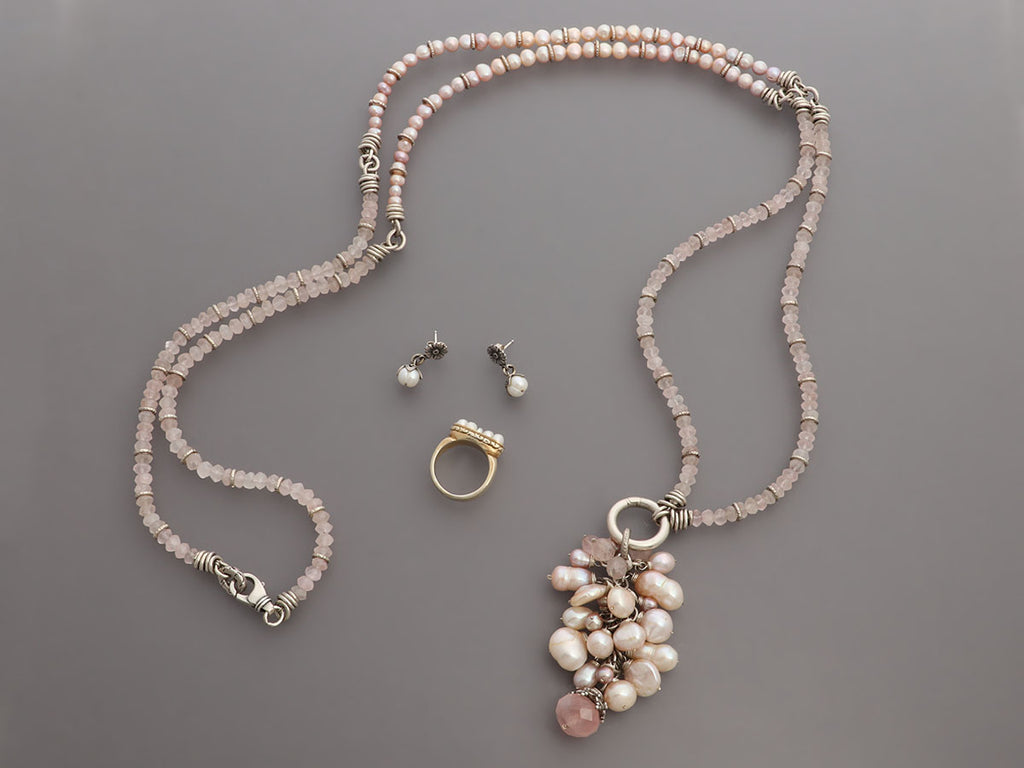 Alana Leigh Gold-Washed Rose Quartz and Pearl Necklace, Ring, and Earrings Set