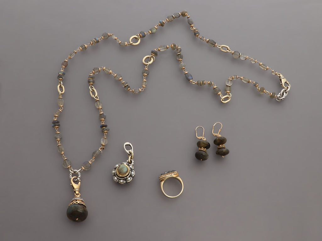 Alana Leigh Gold-Washed Labradorite Pendant Necklace, Ring, and Earrings Set