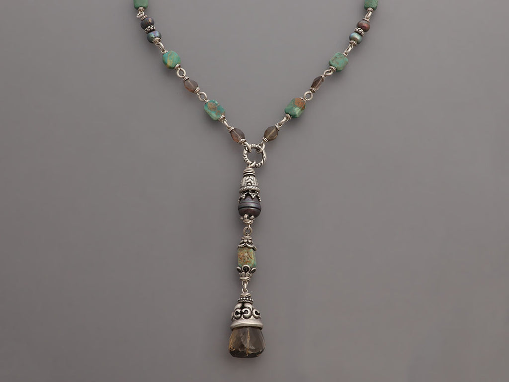 Alana Leigh Sterling Silver Pearl and Turquoise Lariat Necklace and Labradorite Earrings