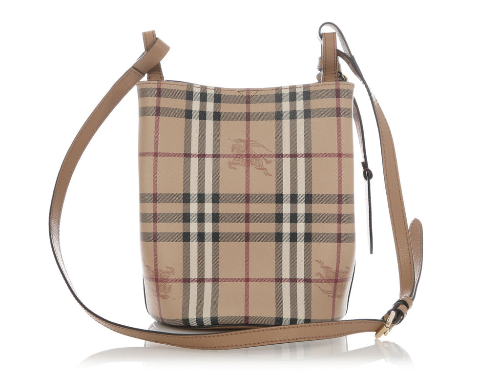 Burberry Small Camel Haymarket Check Lorne Bucket Bag
