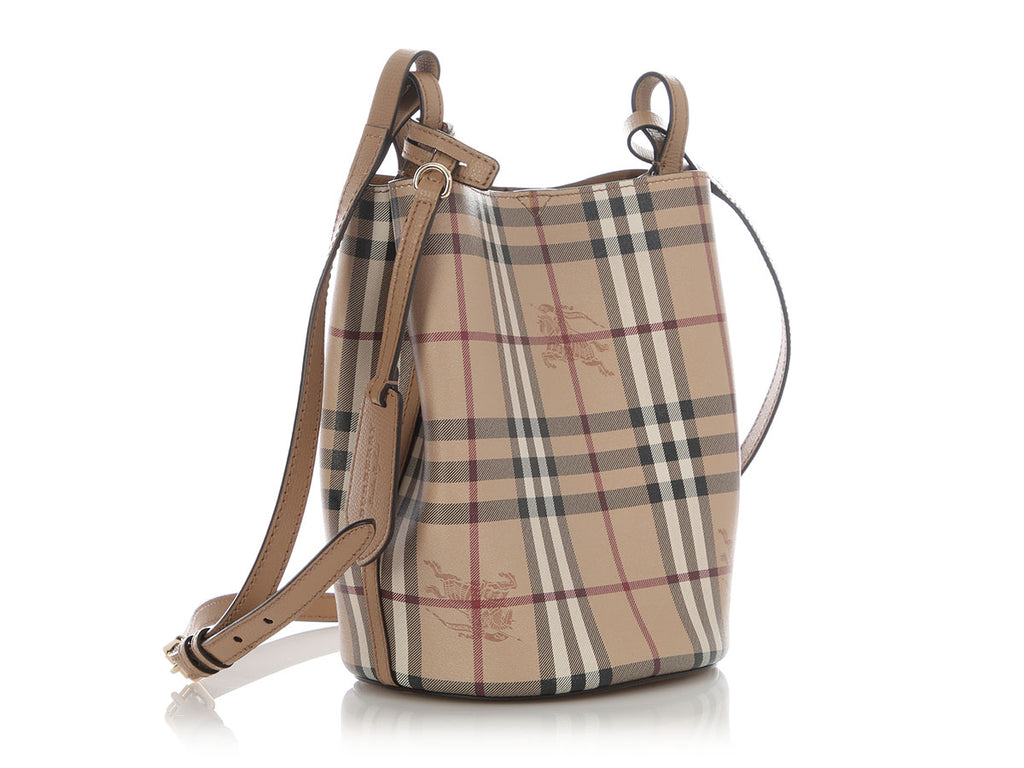 Burberry Small Camel Haymarket Check Lorne Bucket Bag