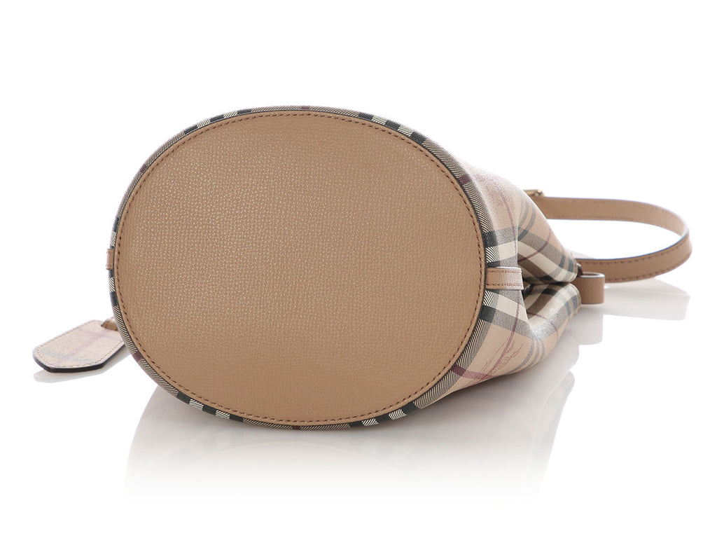 Burberry Small Camel Haymarket Check Lorne Bucket Bag