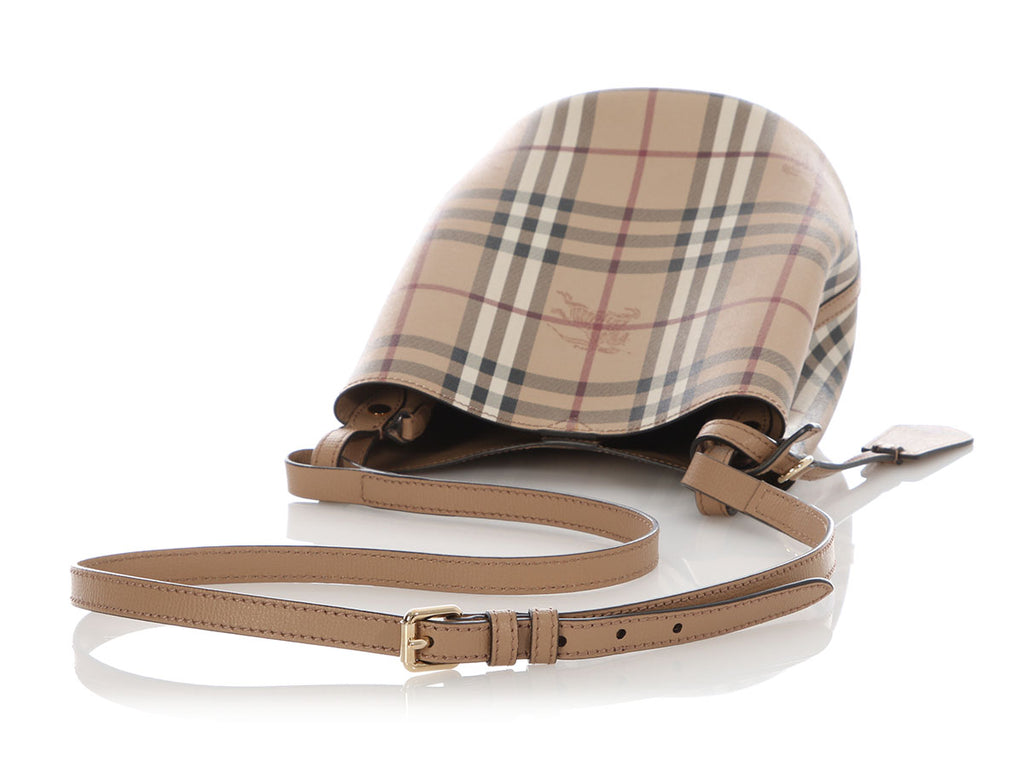 Burberry Small Camel Haymarket Check Lorne Bucket Bag