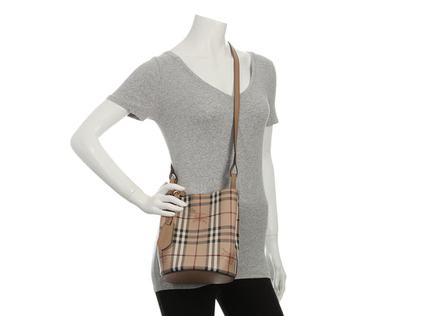 Burberry Small Camel Haymarket Check Lorne Bucket Bag