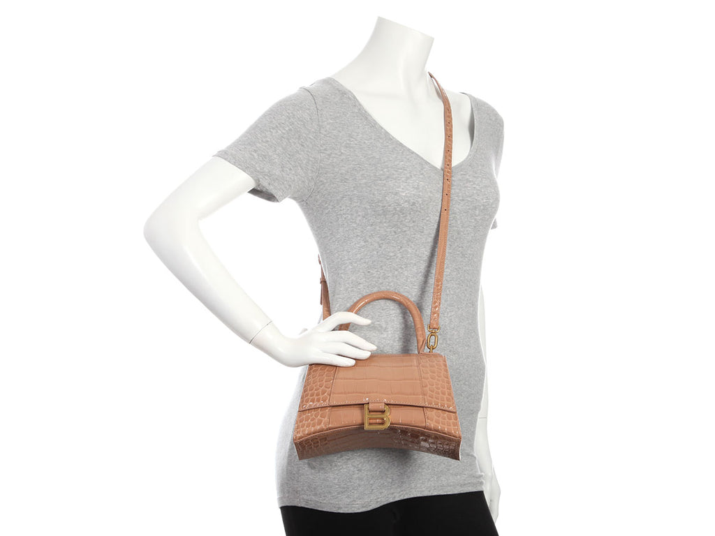 Balenciaga Small Beige Crocodile Embossed Hourglass Bag