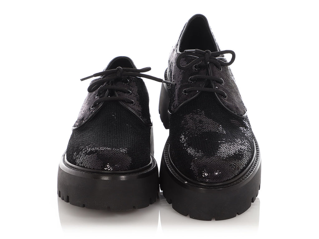 Celine Black Sequin Lug-Sole Derby Shoes