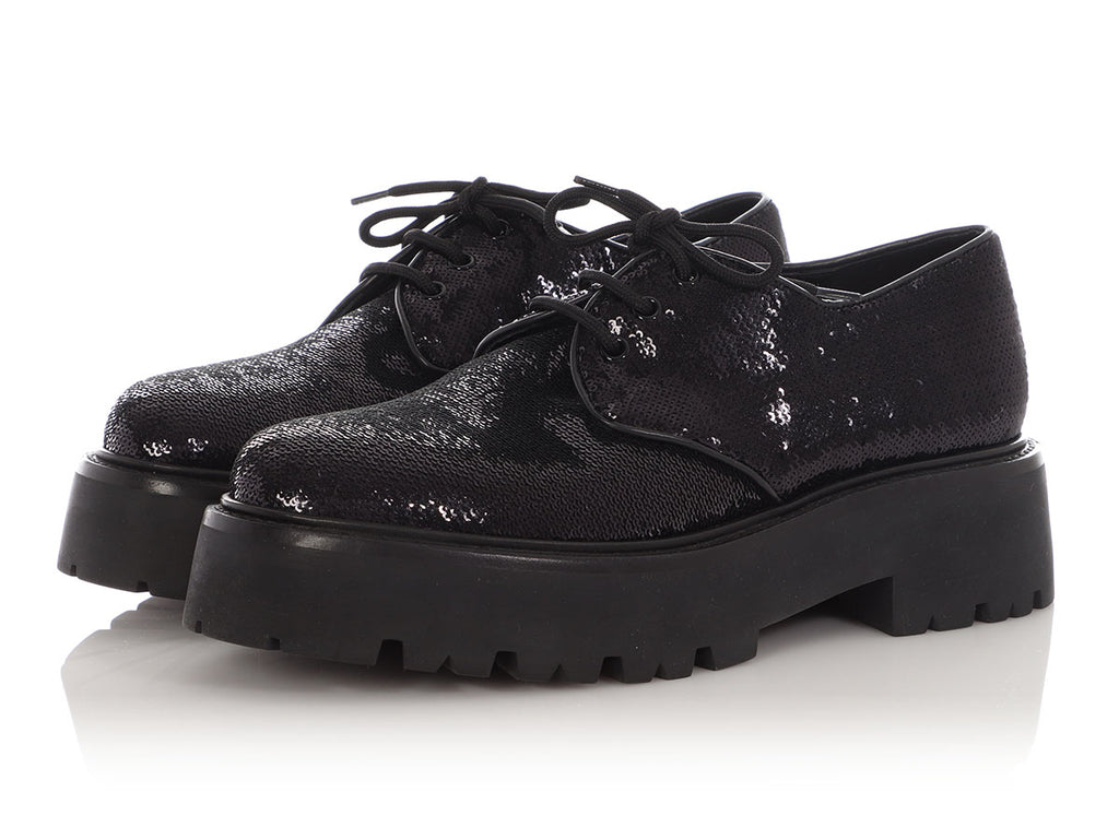 Celine Black Sequin Lug-Sole Derby Shoes