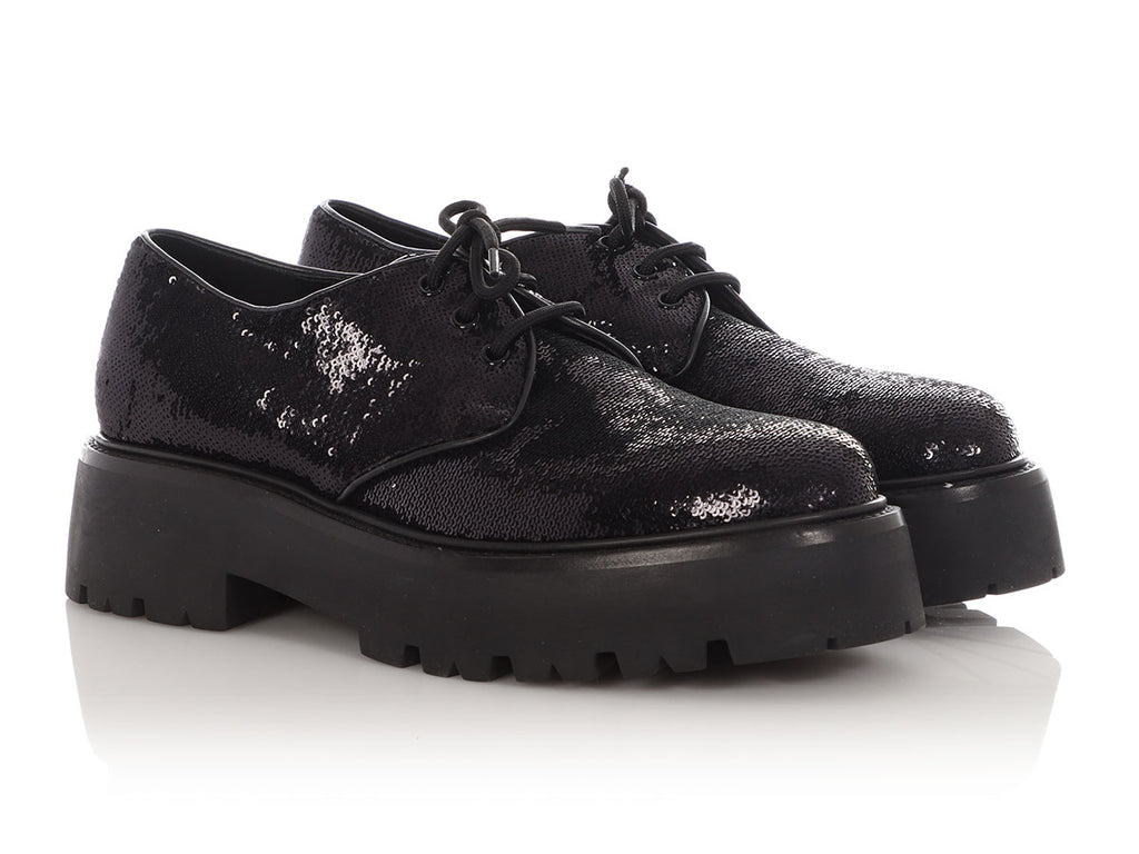 Celine Black Sequin Lug-Sole Derby Shoes