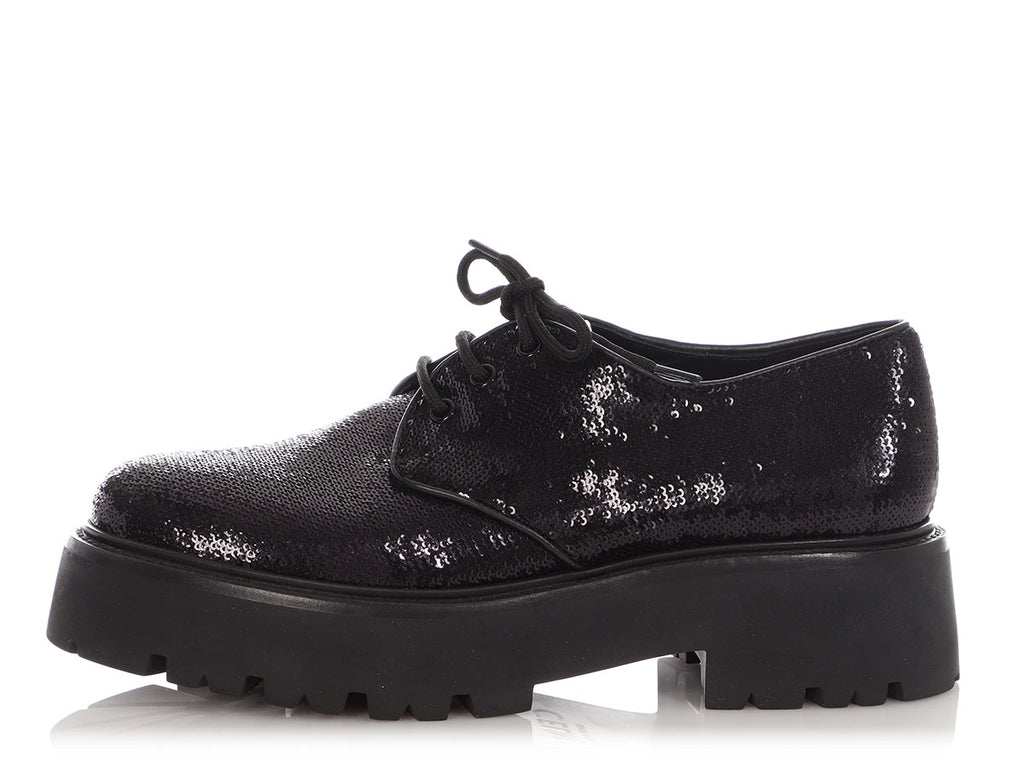 Celine Black Sequin Lug-Sole Derby Shoes