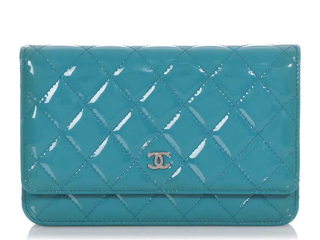 Chanel Teal Quilted Patent Wallet on a Chain WOC