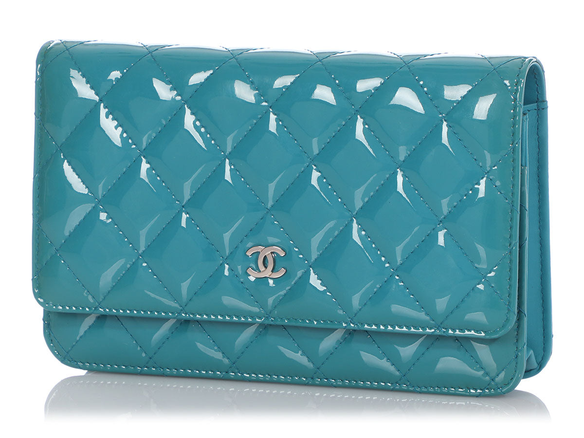 CHANEL Patent Wallet On Chain WOC Turquoise Blue 87081
