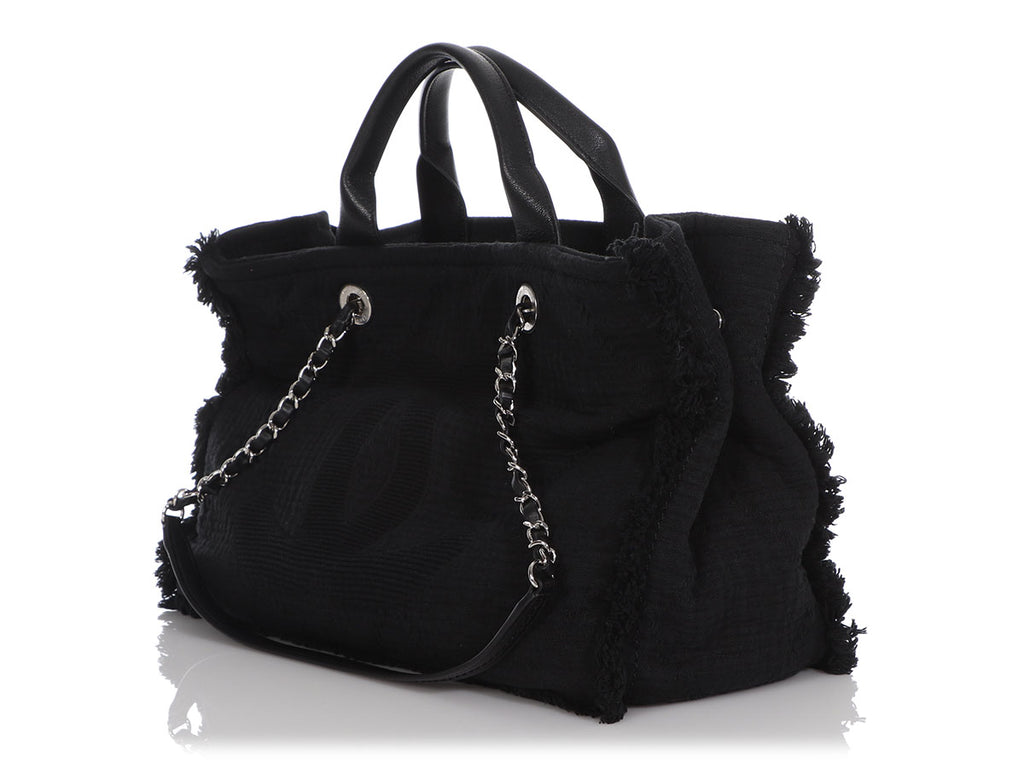 Chanel Black Quilted Fabric Deauville Fringed Tote