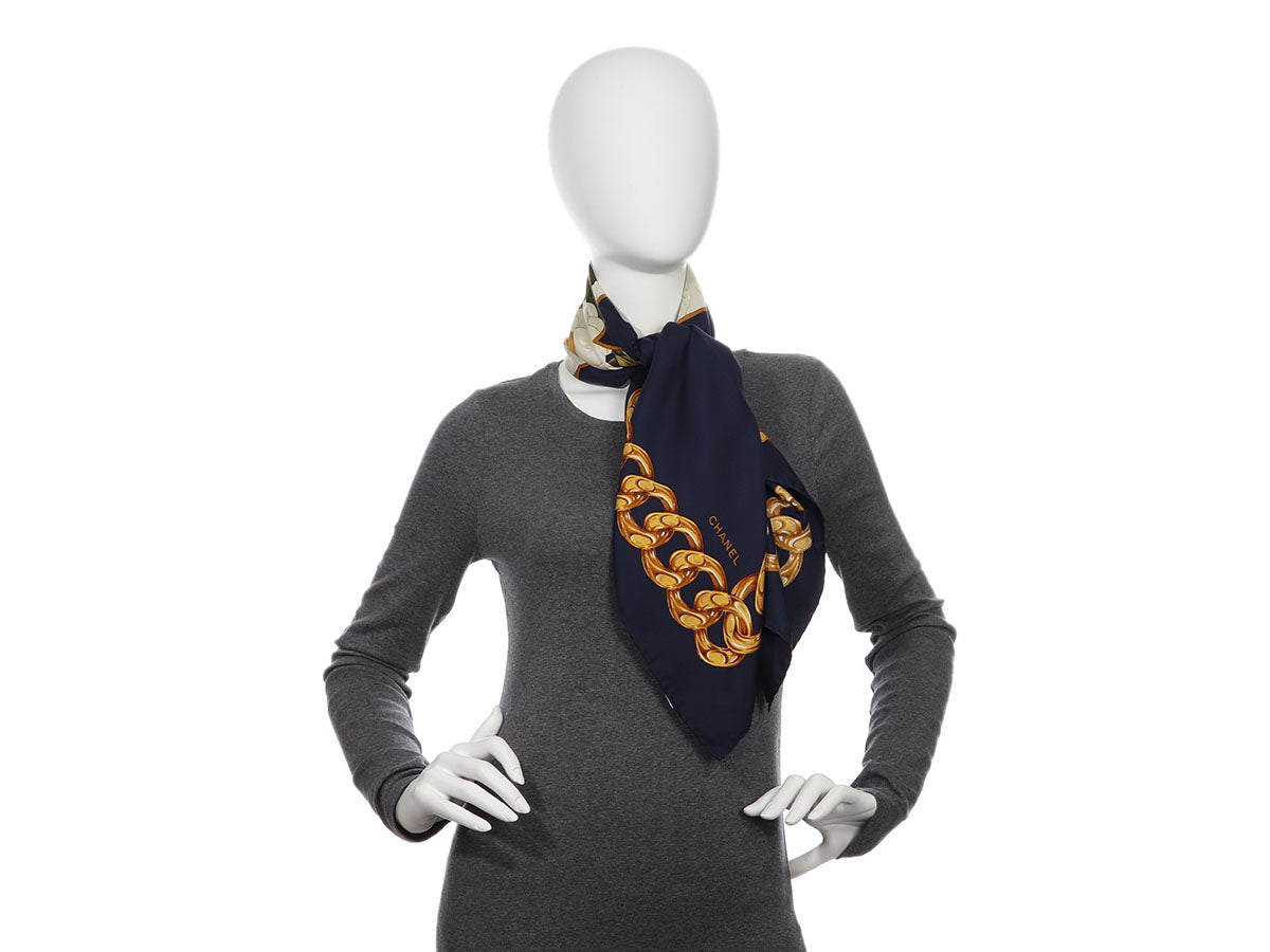 CHANEL SILK SCARF BLUE GOLD CHAIN LINKS