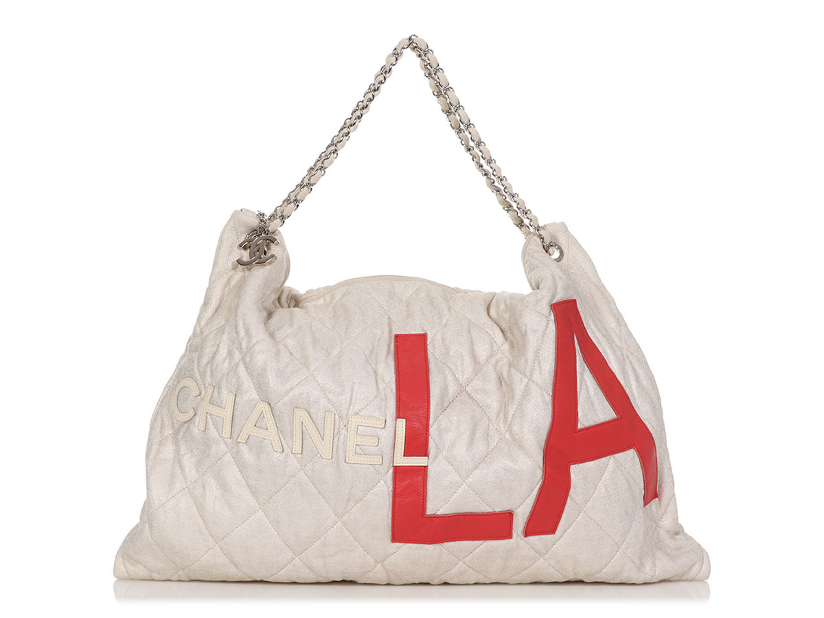 Chanel Large Beige Quilted Fabric LA Tote - Ann's Fabulous Closeouts