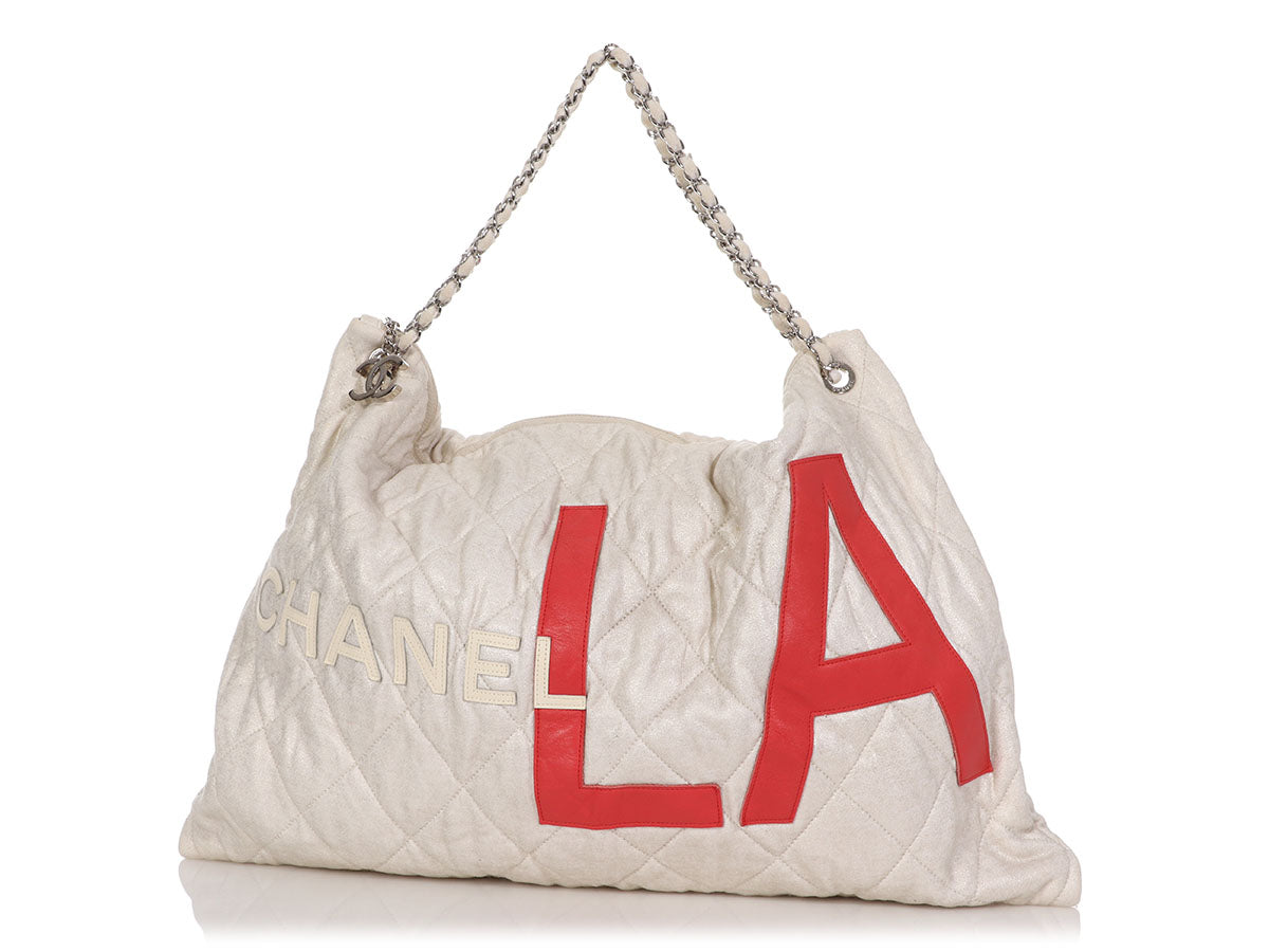 Chanel Large Beige Quilted Fabric LA Tote - Ann's Fabulous Closeouts