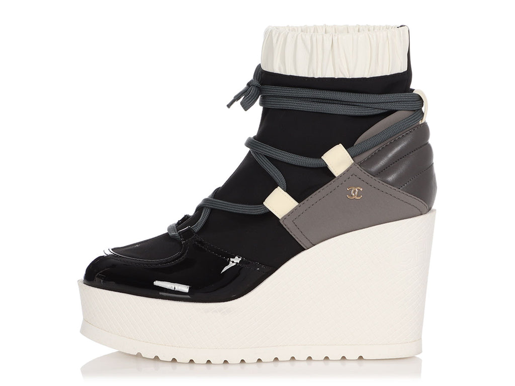 Chanel Mixed Material Lace-up Wedge Platforms