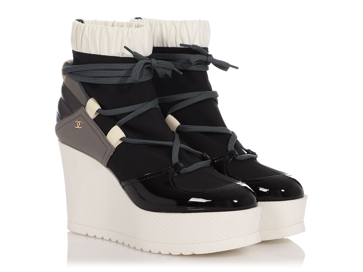 Chanel Mixed Material Lace-up Wedge Platforms - Ann's Fabulous
