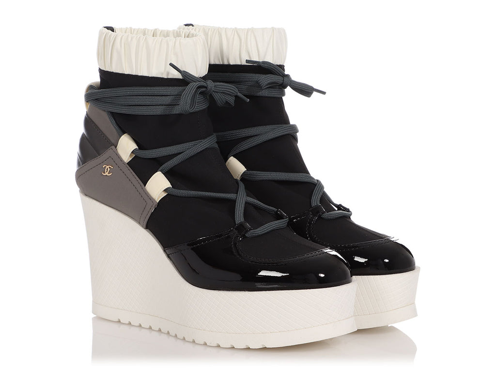 Chanel Mixed Material Lace-up Wedge Platforms