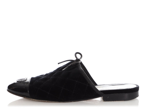 Chanel Black Quilted Velvet Cap Toe Slides