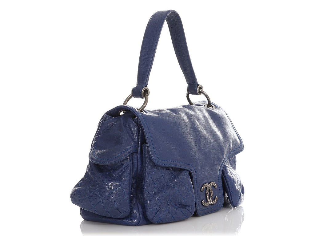 Chanel Large Blue Part-Quilted Shiny Caviar Flap