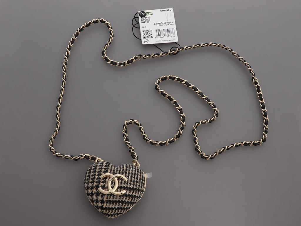 Chanel Black and Beige Tweed Heart Locket Necklace