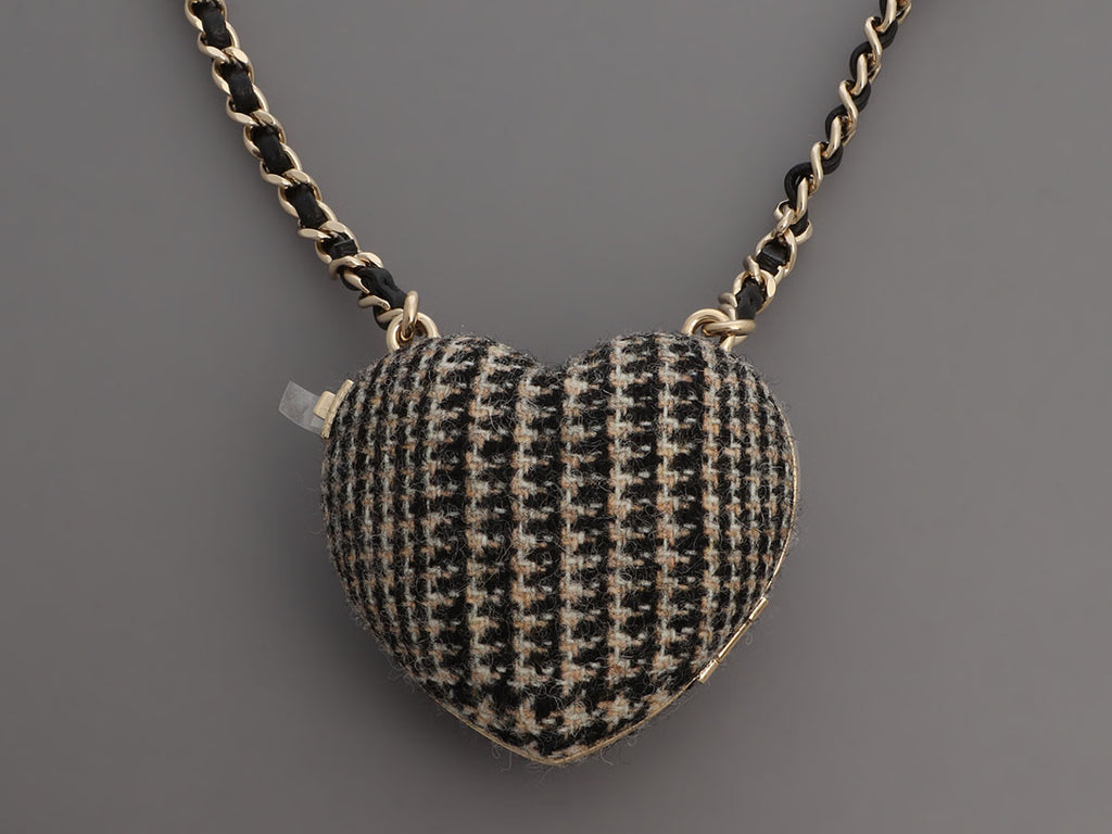 Chanel Black and Beige Tweed Heart Locket Necklace