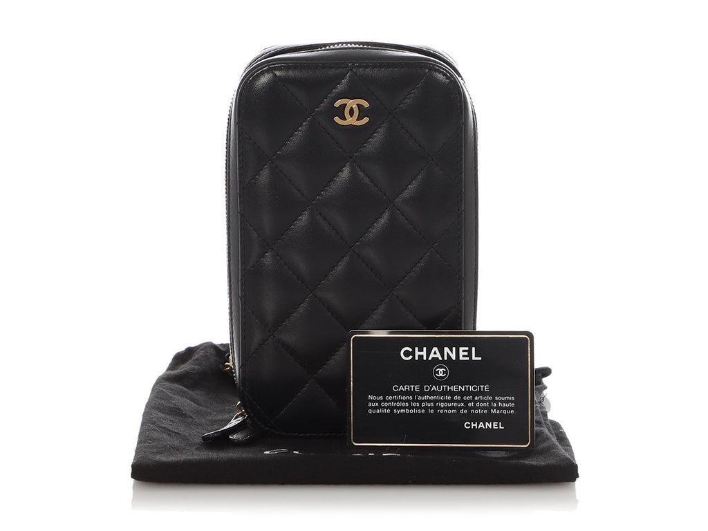 Chanel Black Quilted Lambskin Zip Around Phone Case With Chain