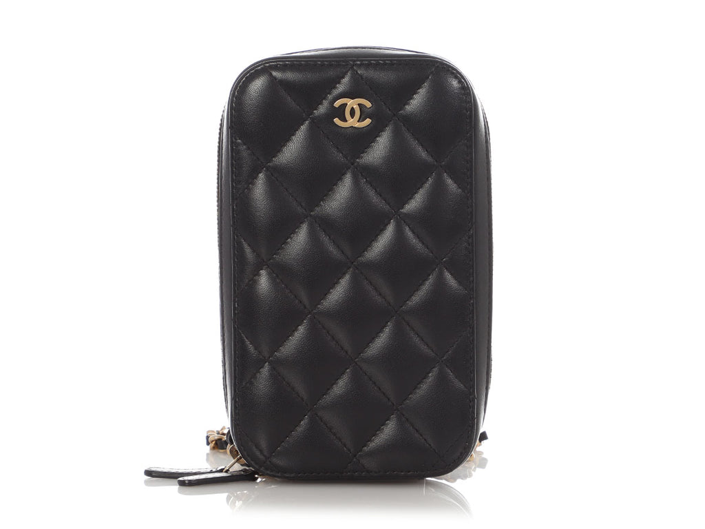 Chanel Black Quilted Lambskin Zip Around Phone Case With Chain