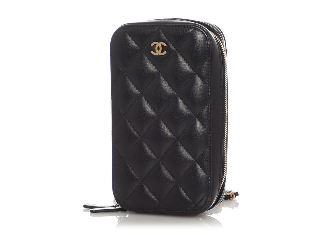 Chanel Black Quilted Lambskin Zip Around Phone Case With Chain