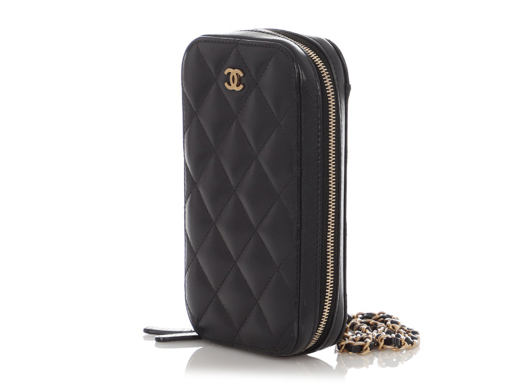 Chanel Black Quilted Lambskin Zip Around Phone Case With Chain