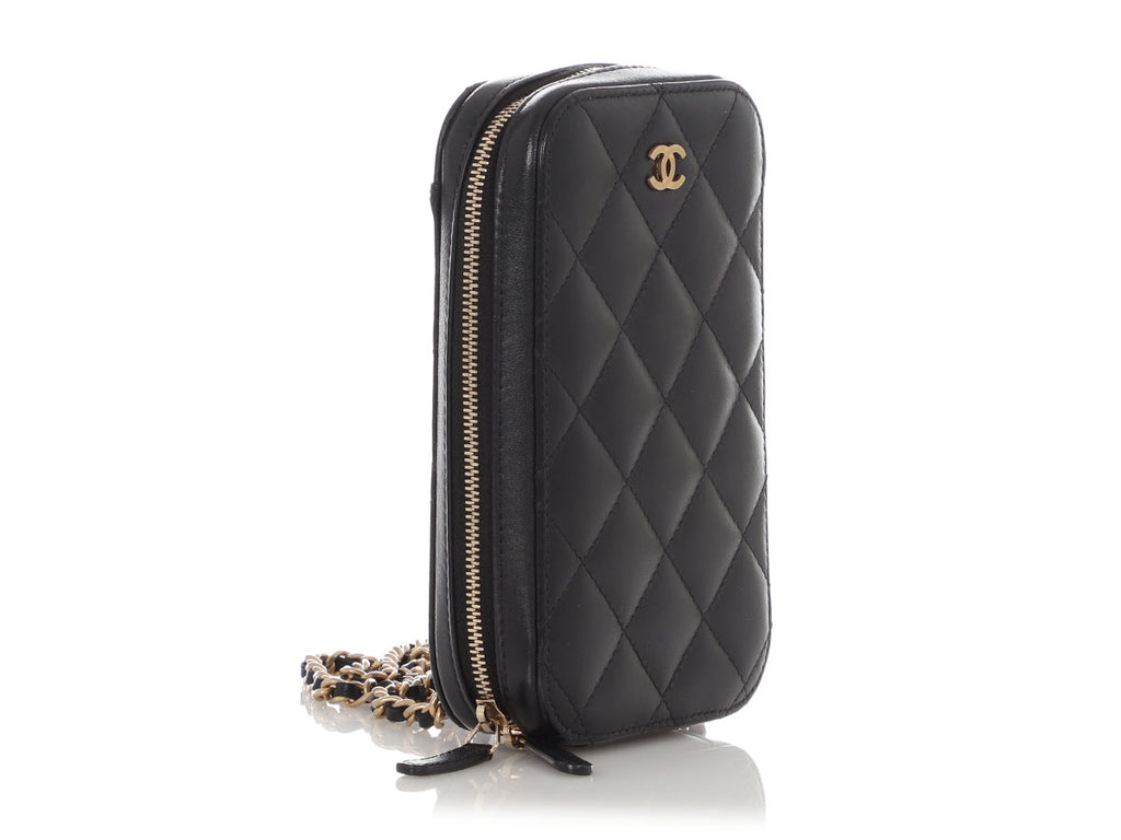 Chanel Black Quilted Lambskin Zip Around Phone Case With Chain