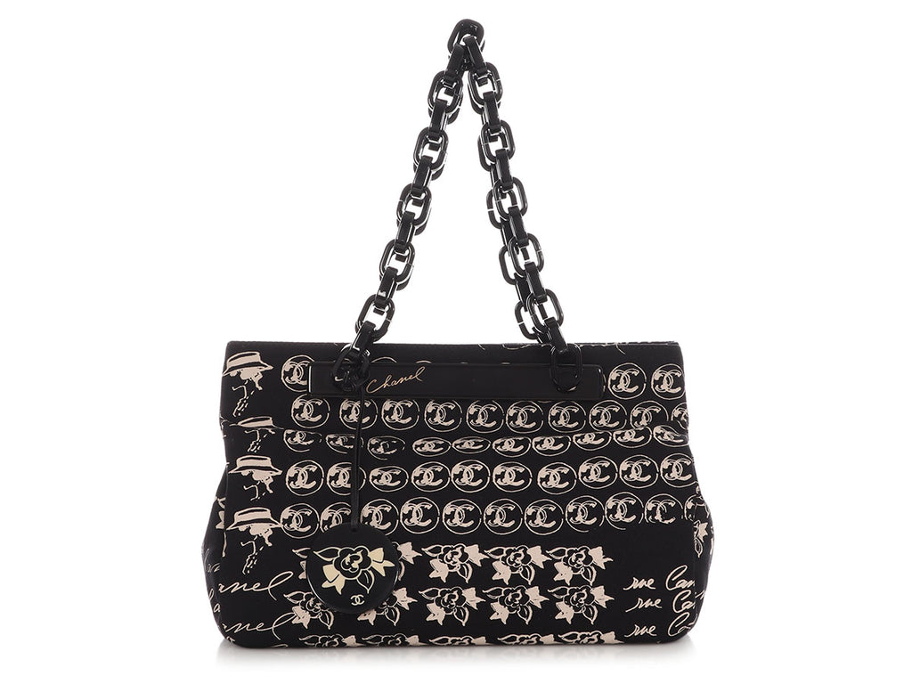 Chanel Black Canvas and Resin Camellia Logo Shoulder Bag