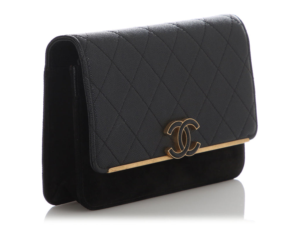 Chanel Black Quilted Caviar and Suede Leather Wallet on Chain WOC