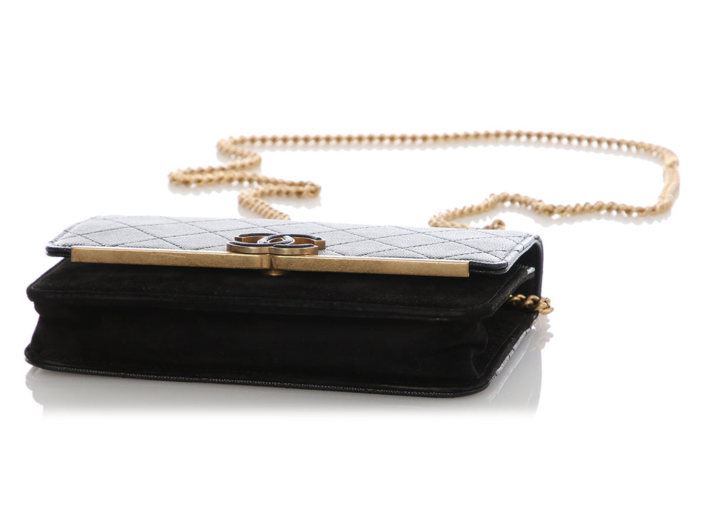 Chanel Black Quilted Caviar and Suede Leather Wallet on Chain WOC