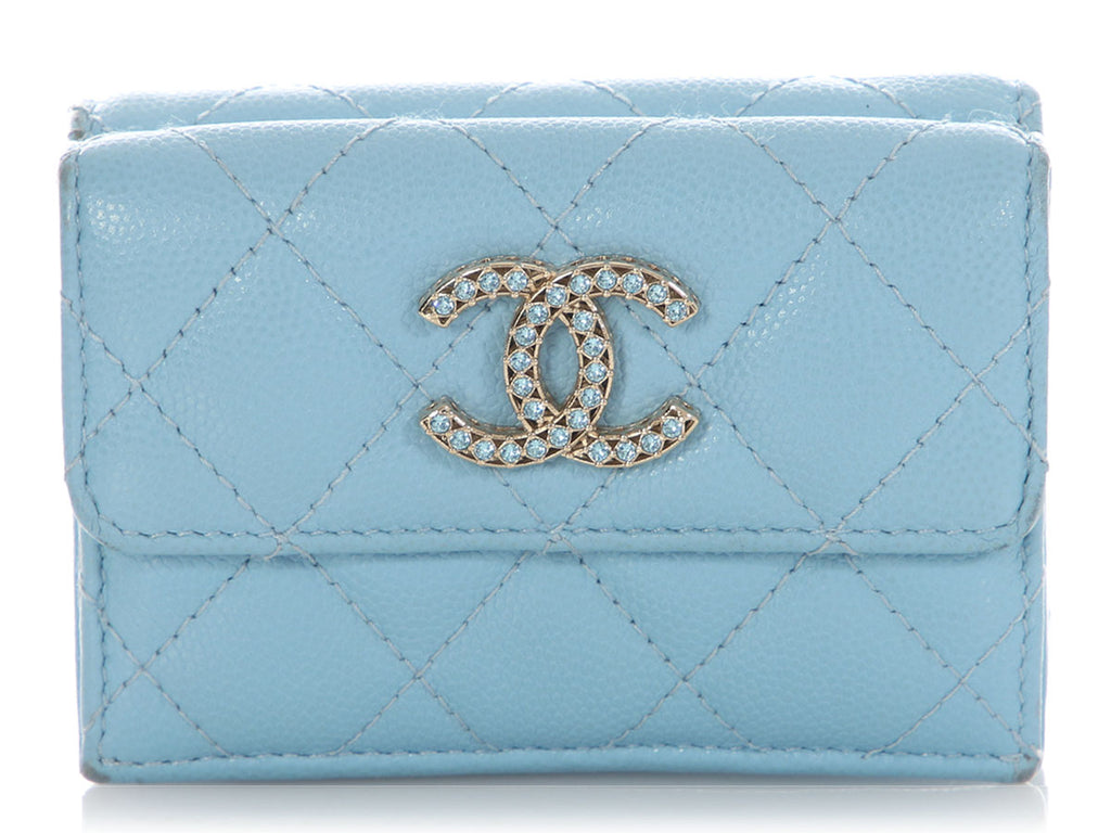 Chanel Blue Quilted Caviar Crystal Logo Compact Wallet