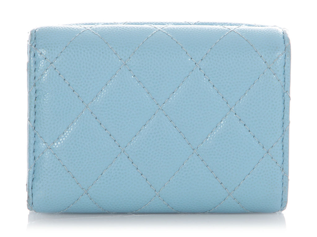 Chanel Blue Quilted Caviar Crystal Logo Compact Wallet